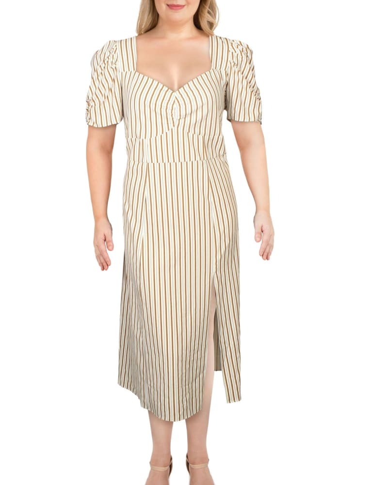 Front of a model wearing a size 24W Danielle Bernstein Women's Plus Woven Polyester Maxi Dress White/Brown strip Size 24W in White by Danielle Bernstein. | dia_product_style_image_id:313152